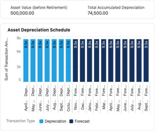 ERP software screen showing finance asset depreciation forecast