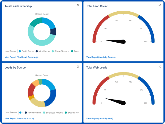 CRM dashboard charts showing lead count and source