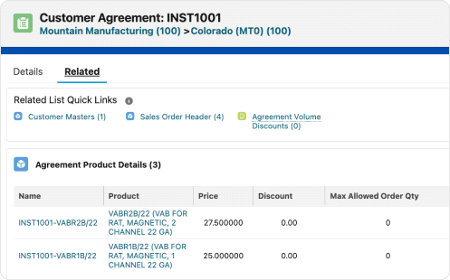 Software screen showing customer agreement with products and pricing