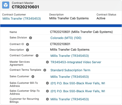 Field Service ERP software screen showing customer contract master information