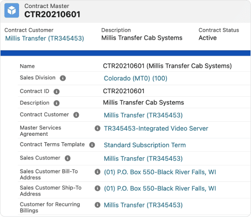 ERP software screen showing customer contract master information