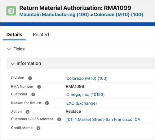 ERP RMA software screen showing return material authorization information for customer