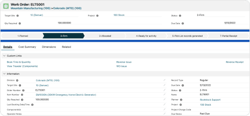 Screen showing ERP work order by customer