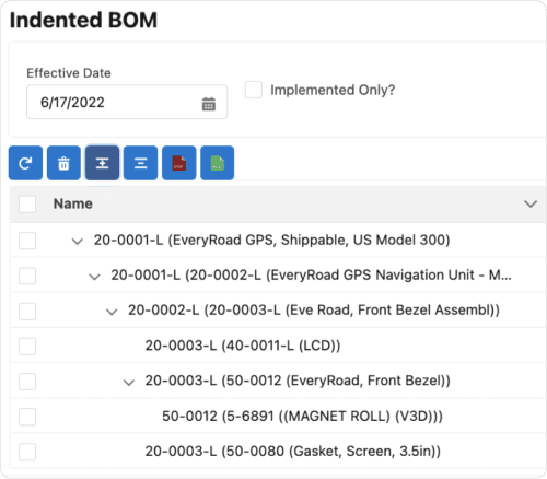 Software screen showing bill of materials parts and change tracking