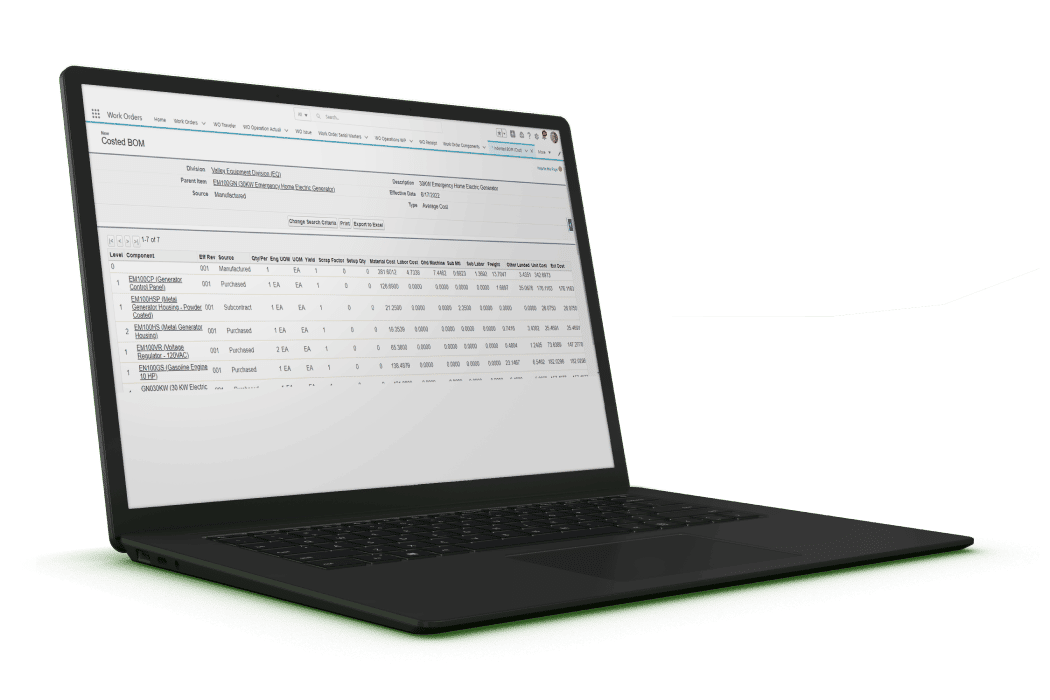 Computer software screen showing costed BOM list by source and component