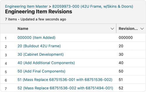 ERP software screen showing engineering change revisions by item and task