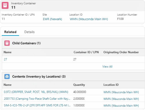 Inventory container screen with location attributes for ERP material management