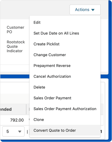 Screen showing how to convert sales order quotes from Rootstock ERP OMS