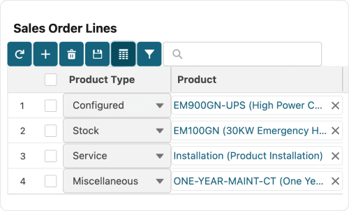 Screen showing product types by configured, stock, service inside OMS