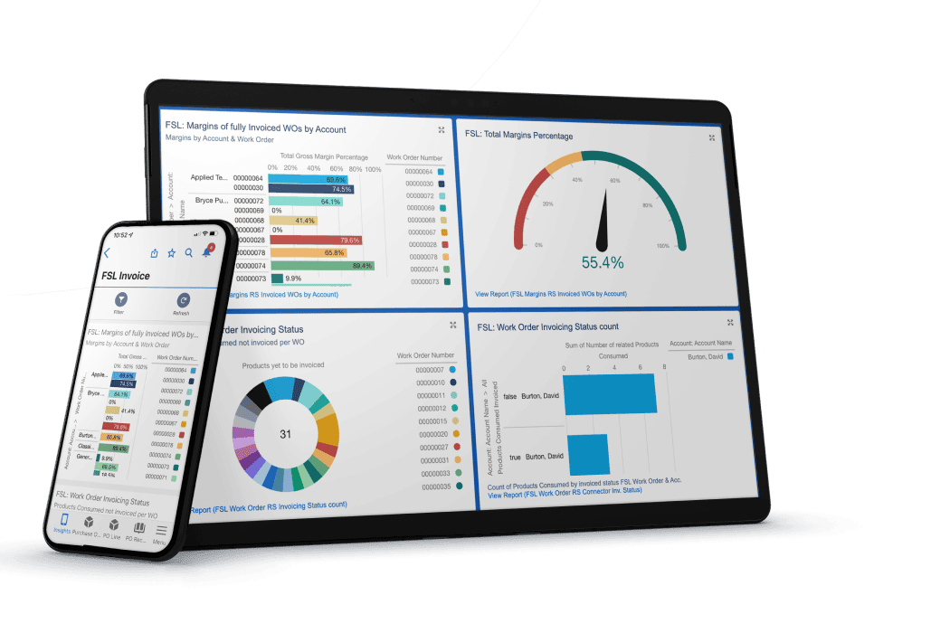 Desktop and mobile computer screen showing Salesforce field service ERP dashboard inside Rootstock Software