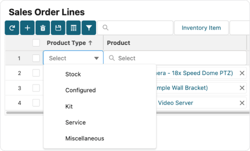 Screen showing order management system module with sales order lines and product type drop down