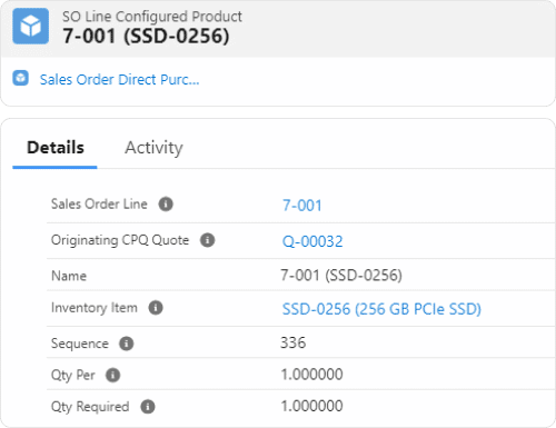 Screen showing Salesforce CPQ Connector inside Rootstock software with sales quotes and inventory