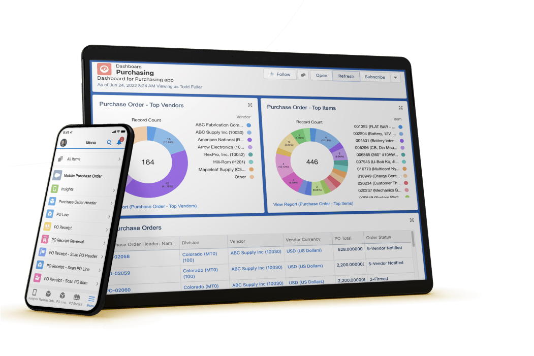 Software desktop and mobile dashboard with ERP supply chain analytics data